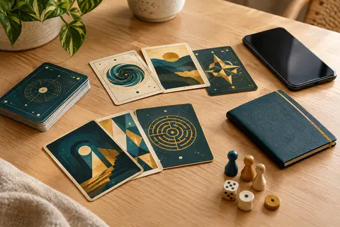 Cartes d’escape game et livret disposés sur une table en bois clair, dans une ambiance chaleureuse.