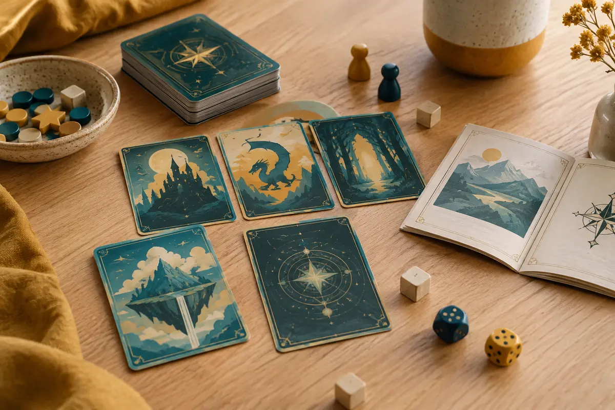 Cartes et livret de règles d’un escape game pour enfants disposés sur une table en bois clair