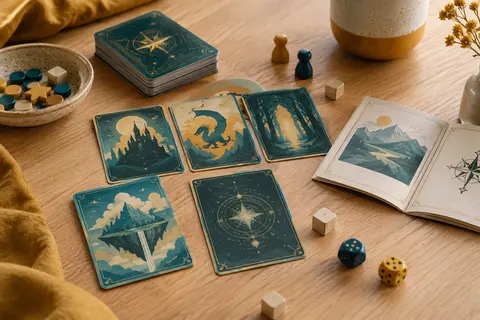 Cartes et livret de règles d’un escape game pour enfants disposés sur une table en bois clair