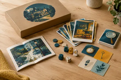 Cartes et éléments en carton d’un jeu d’enquête pour enfants disposés sur une table en bois clair.