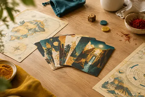 Jeu d’escape game en carton avec cartes et feuillets disposés sur une table en bois clair