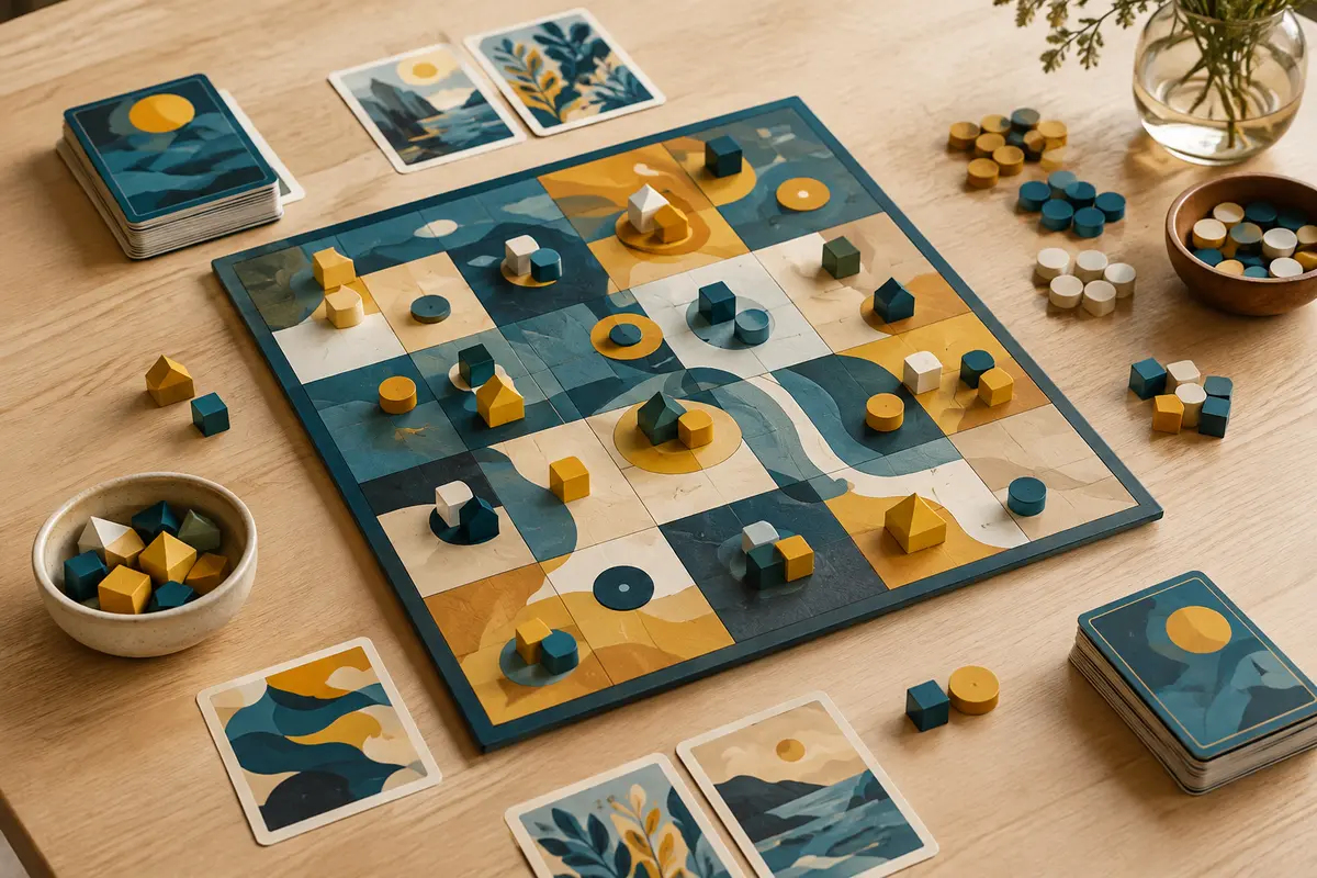 Plateau de stratégie avec cartes et jetons multicolores disposés sur une table en bois clair.