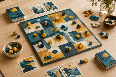 Plateau de stratégie avec cartes et jetons multicolores disposés sur une table en bois clair.