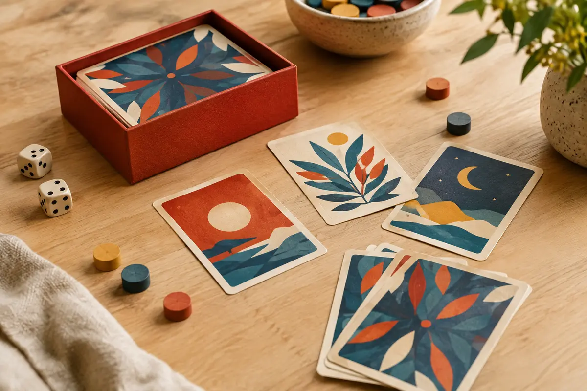 Jeu de cartes rouge et bleu disposé sur une table en bois clair, prêt pour une partie de mots.