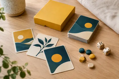 Jeu de cartes d’ambiance jaune et cartes en papier cartonné disposés sur une table en bois clair.