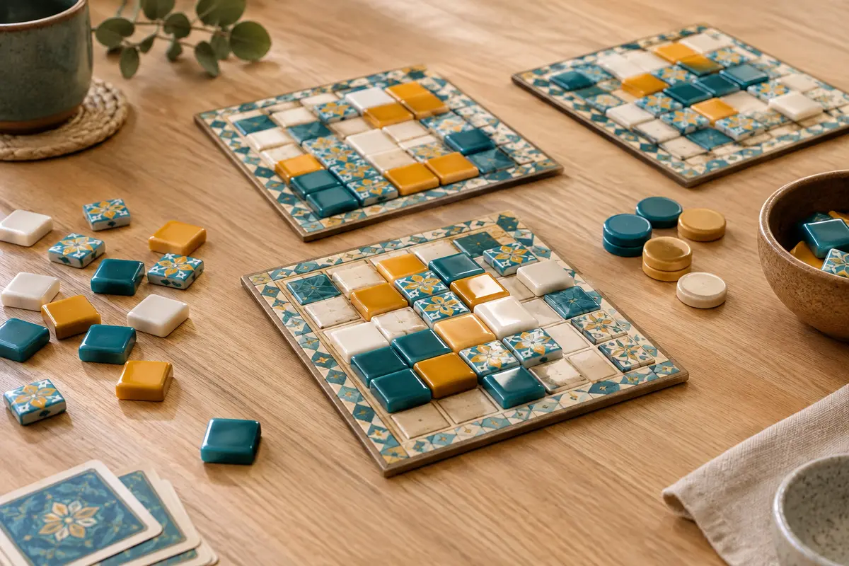 Plateaux de jeu carrés et tuiles multicolores disposés sur une table en bois clair