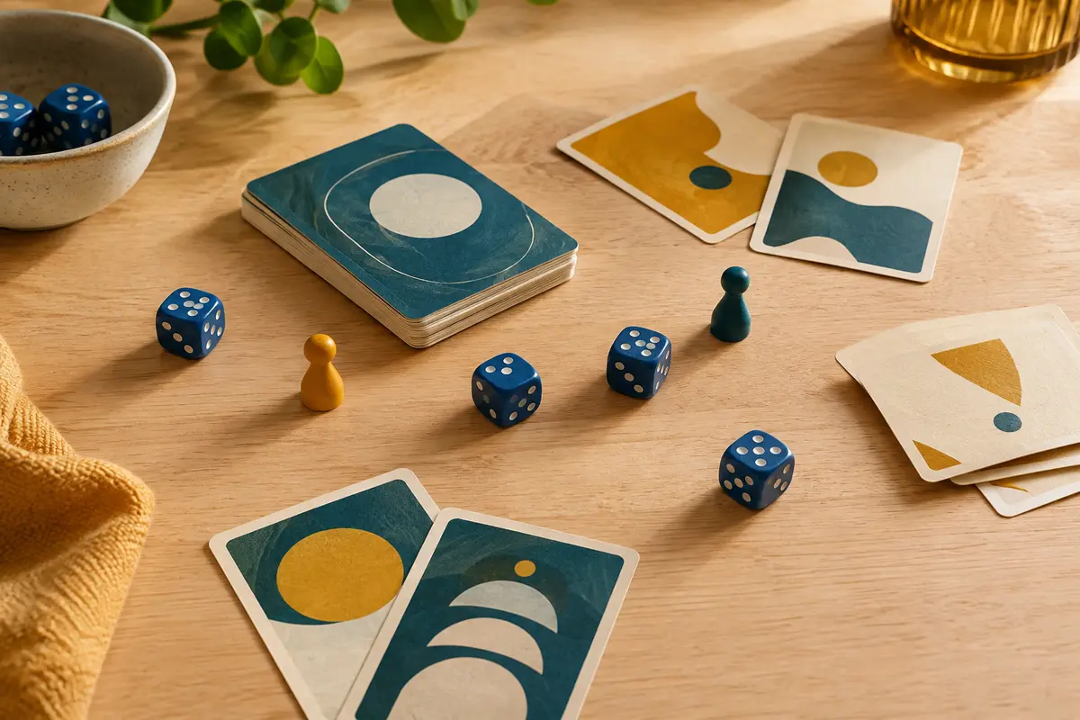 Cartes aux motifs abstraits et dés bleus disposés sur une table en bois clair