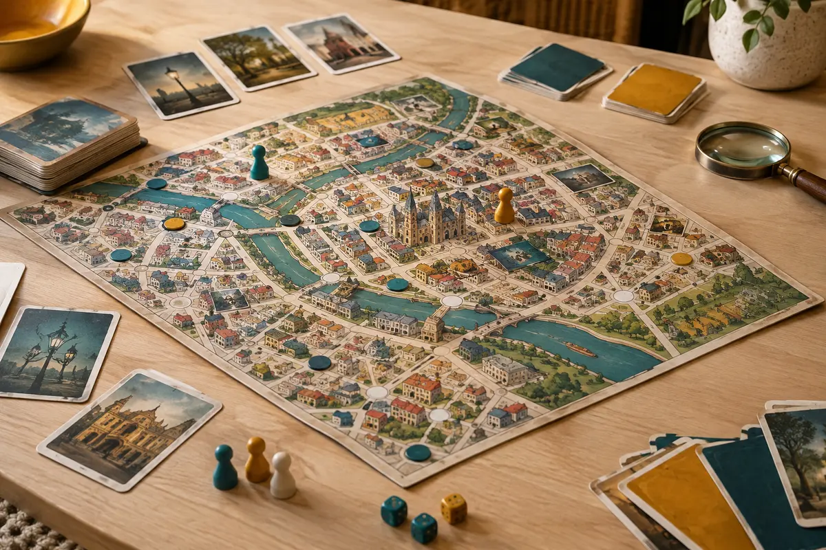 Grande carte de ville, cartes d’enquête et loupe disposées sur une table en bois clair.
