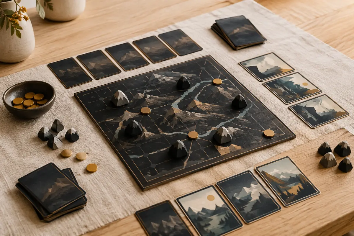 Jeu de duel stratégique avec plateau, cartes et jetons Montagne sur une table en bois clair