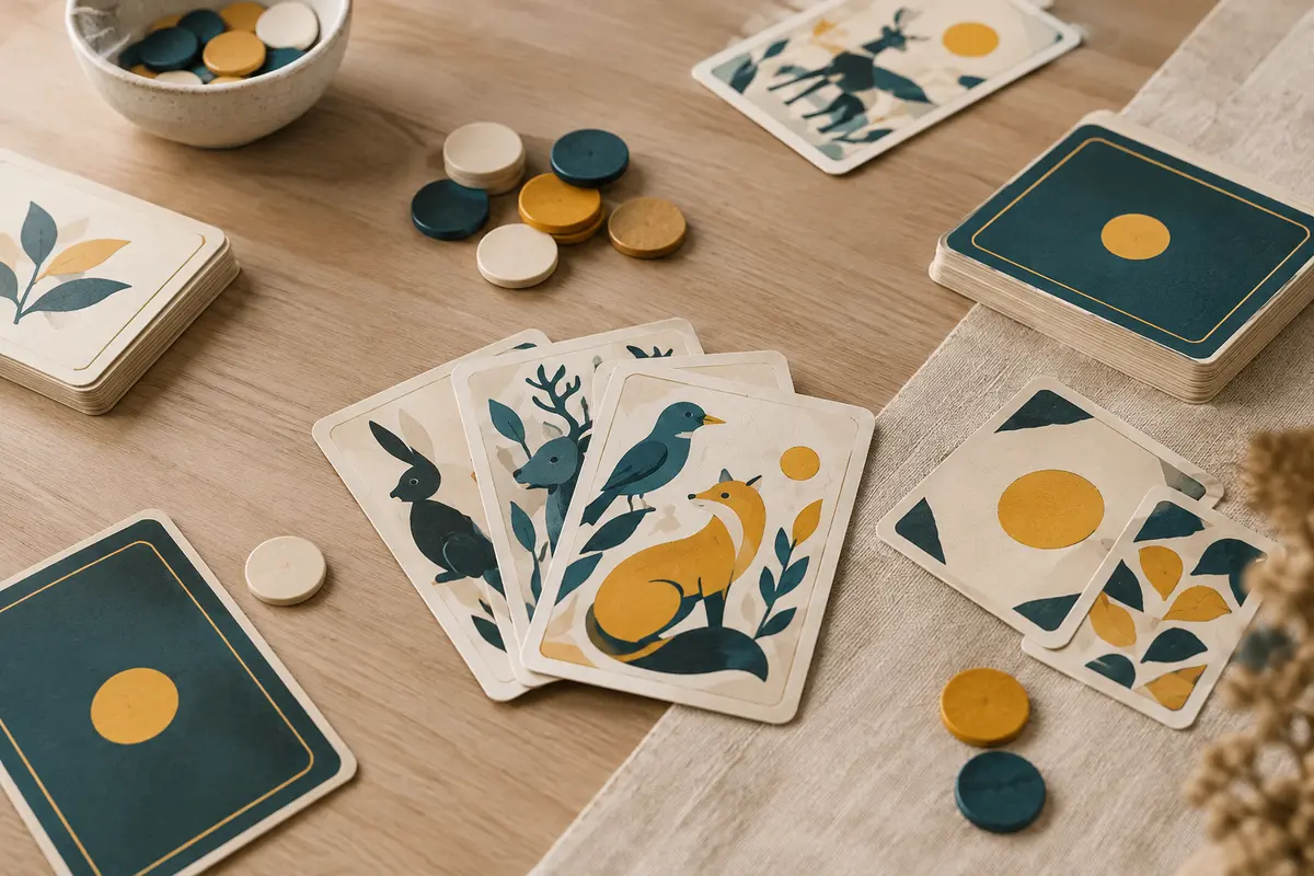 Cartes de jeu de plis et petits jetons disposés sur une table en bois clair