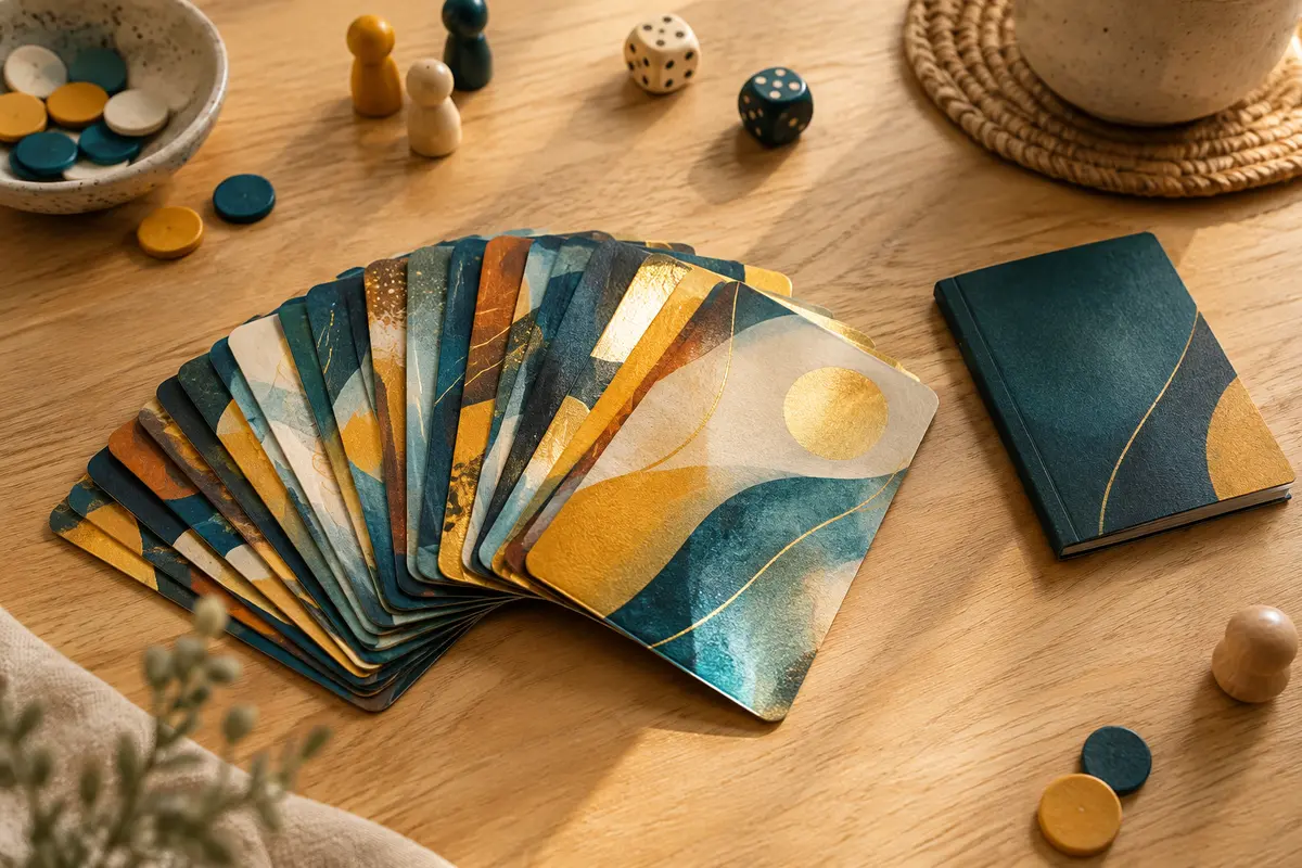 Cartes de jeu multicolores à effet foil disposées en éventail sur une table en bois clair.
