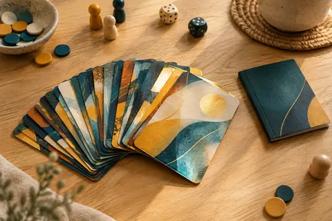 Cartes de jeu multicolores à effet foil disposées en éventail sur une table en bois clair.