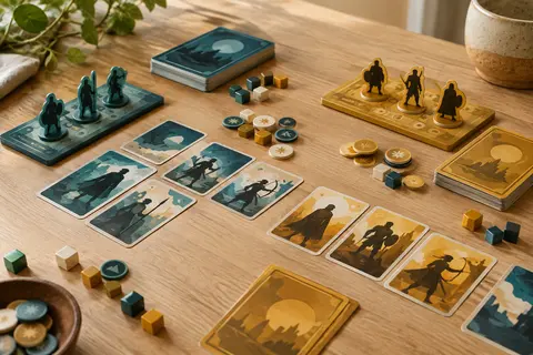 Cartes, plateaux de combattants et jetons de Tag Team disposés en duel sur une table claire.
