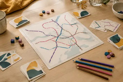 Feuilles de plan, cartes colorées et quatre crayons disposés sur une table en bois clair.