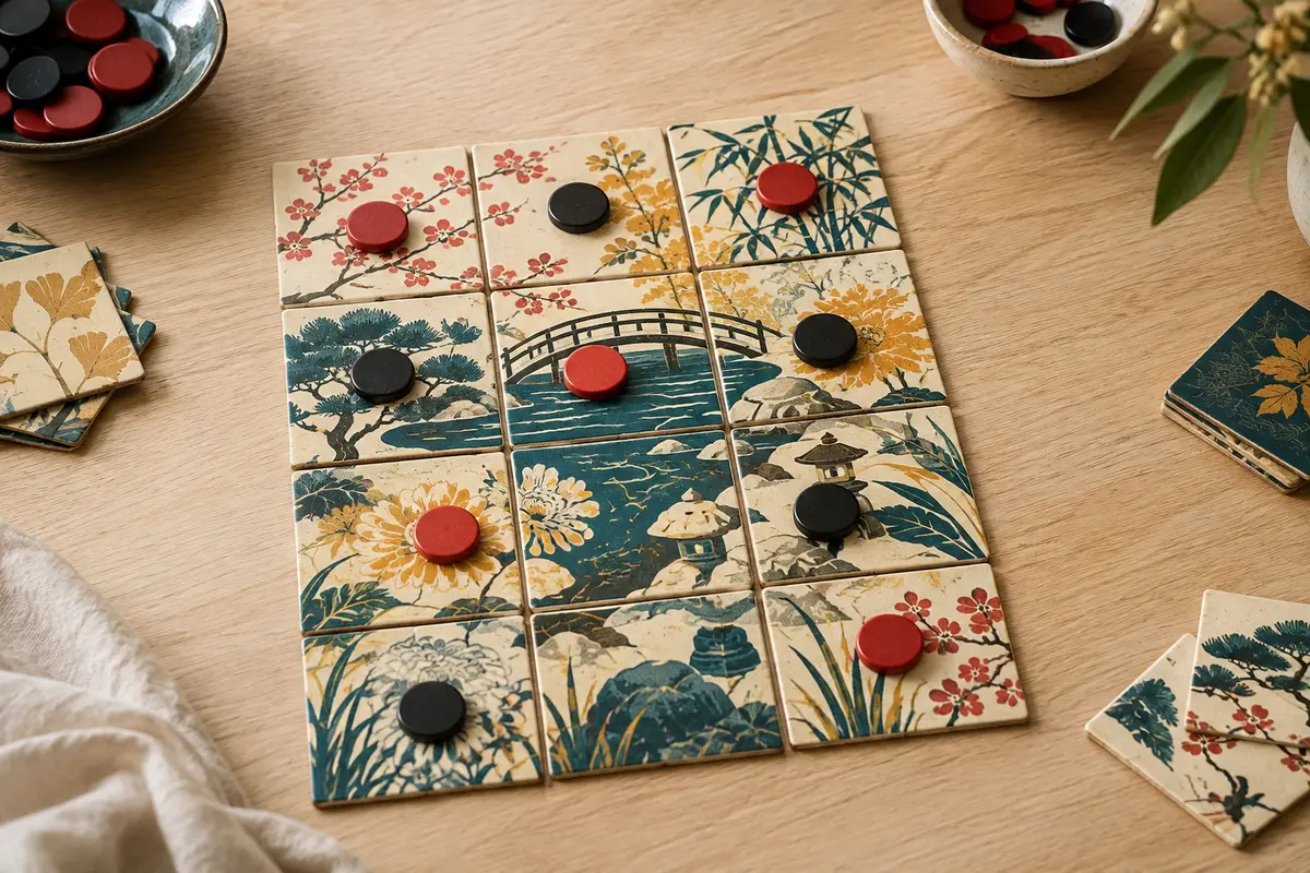 Grille de tuiles illustrées avec des jetons rouges et noirs pour une partie de stratégie à deux