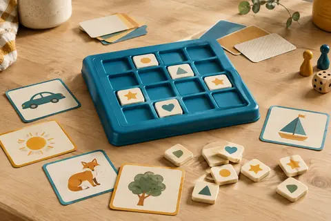 Plateau bleu, tuiles de lettres et cartes illustrées du jeu de mots allemand Bohs