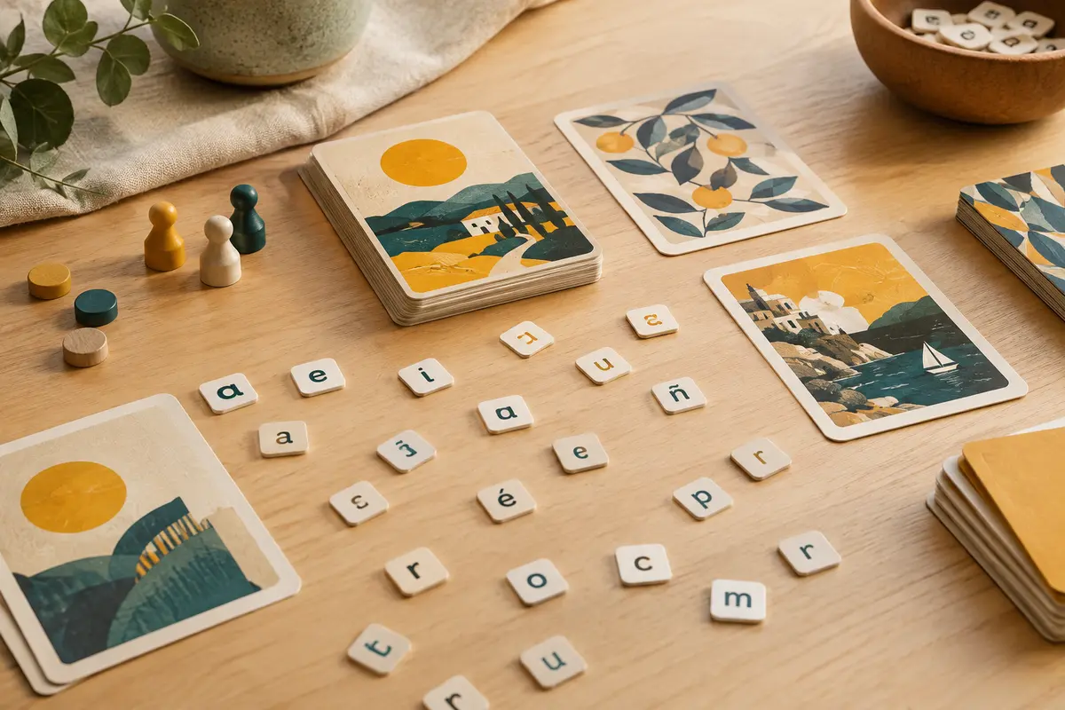 Cartes illustrées et tuiles minuscules du jeu de lettres espagnol Bohs disposées sur une table en bois clair.