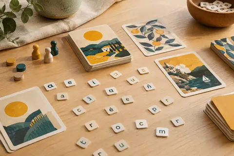 Cartes illustrées et tuiles minuscules du jeu de lettres espagnol Bohs disposées sur une table en bois clair.