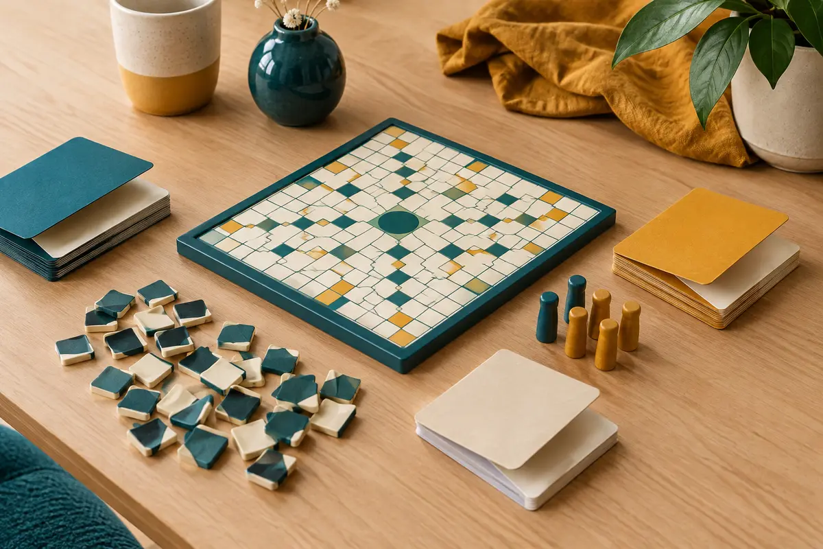 Cartes à rabats, tuiles de lettres et piquets du jeu Bohs disposés sur une table claire