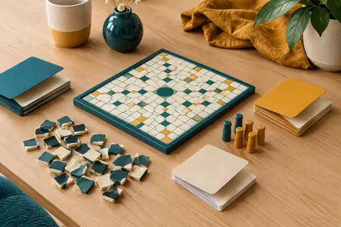 Cartes à rabats, tuiles de lettres et piquets du jeu Bohs disposés sur une table claire