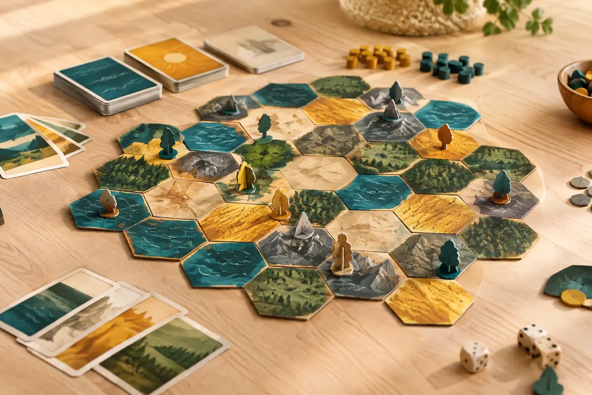 Jeu de plateau avec tuiles de terrain, cartes et figurines disposées sur une table en bois clair