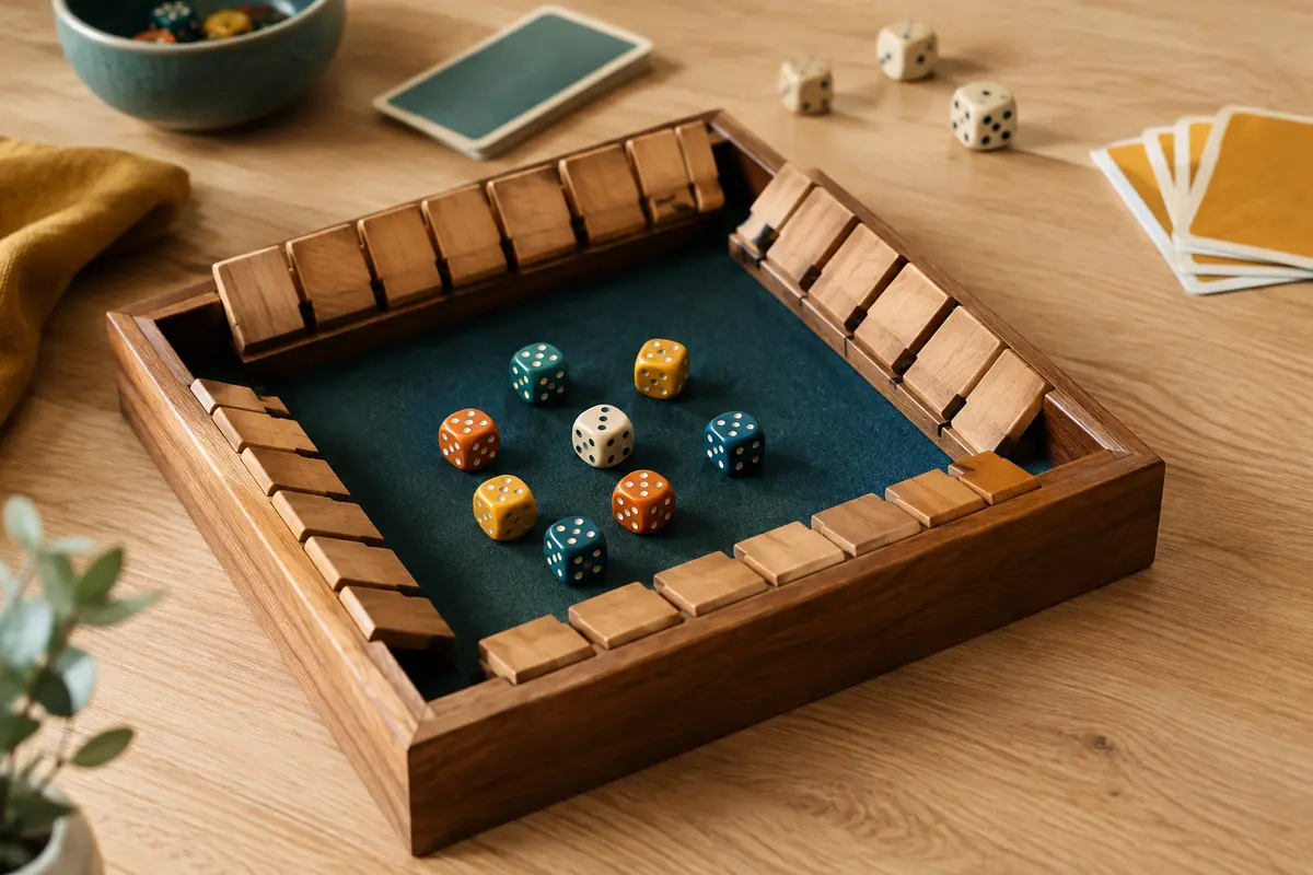 Jeu Shut the Box en bois avec huit dés, posé sur une table claire.