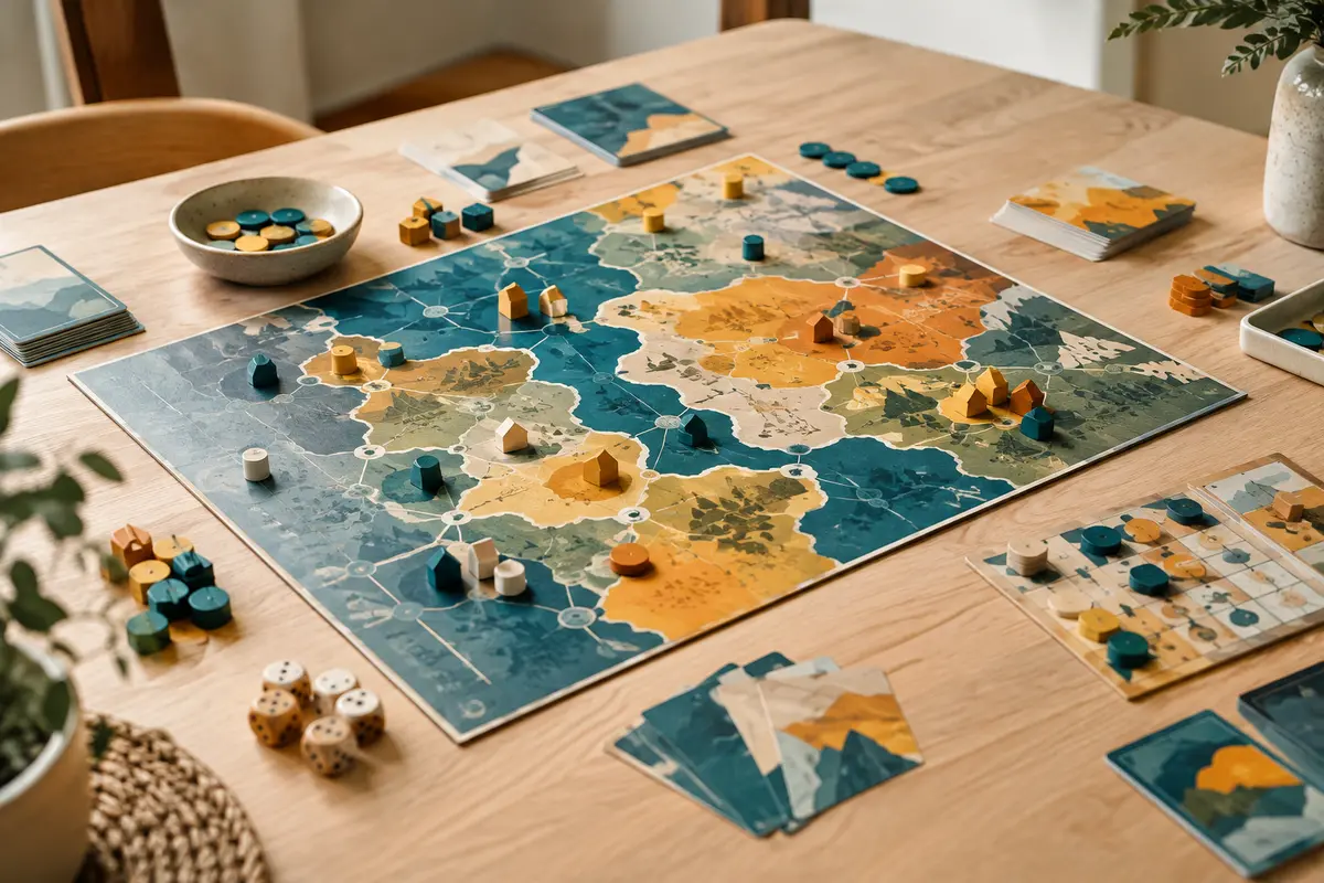 Jeu de plateau stratégique et ses marqueurs disposés sur une table en bois clair