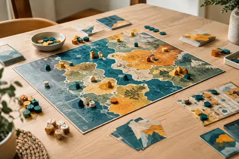 Jeu de plateau stratégique et ses marqueurs disposés sur une table en bois clair