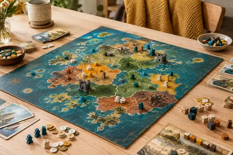 Jeu de plateau multicolore sur une table en bois clair, avec des marqueurs et des territoires à conquérir.