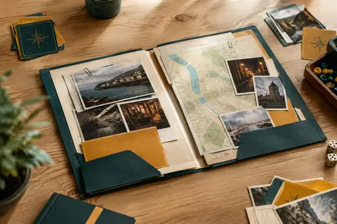 Dossier papier d’enquête ouvert sur une table en bois clair, entouré de preuves fictives