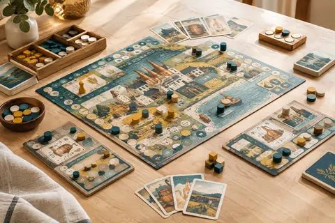 Jeu de stratégie de distillerie avec cartes, jetons en bois et plateaux de ressources sur une table claire.