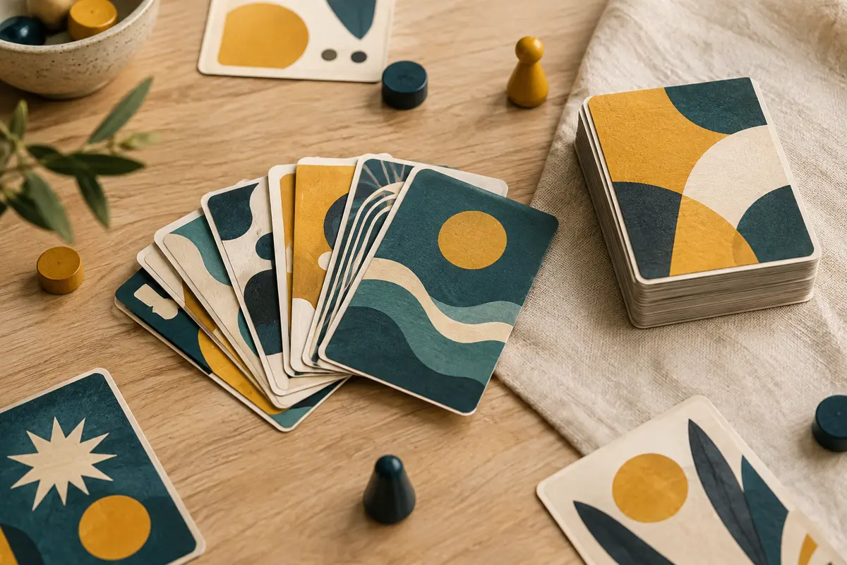 Cartes d’un jeu de société musical compact disposées sur une table en bois clair