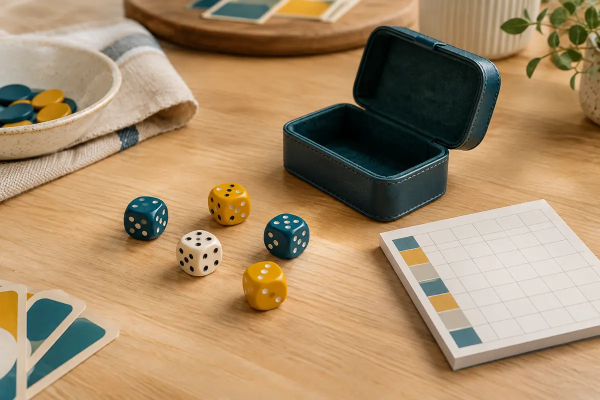Cinq dés colorés et un bloc de score de Yam’s posés sur une table en bois clair