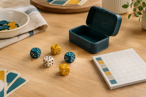 Cinq dés colorés et un bloc de score de Yam’s posés sur une table en bois clair