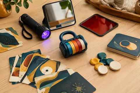 Cadenas électronique, cartes énigmes, jetons et accessoires d’enquête du jeu Dujardin