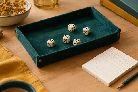 Piste de jeu à l’aspect velours, cinq dés et bloc de feuilles de score sur une table claire.