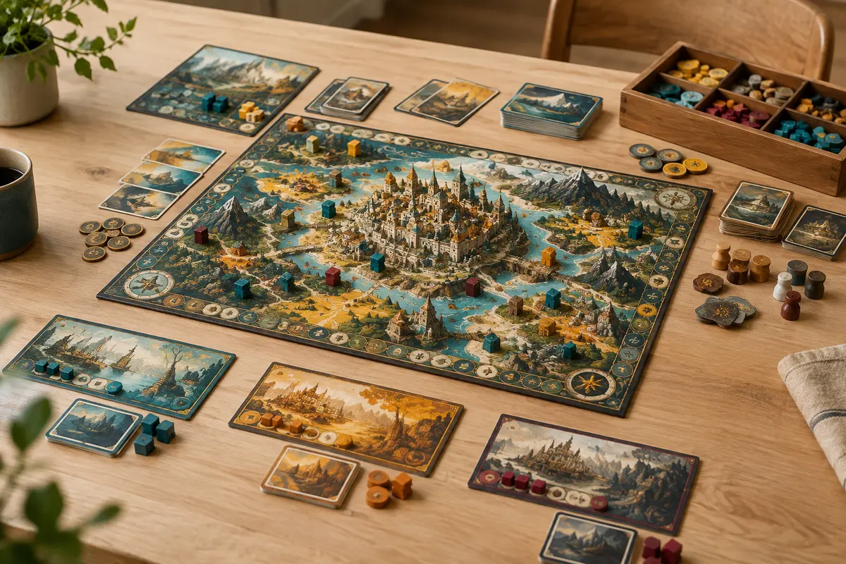 Jeu de plateau de stratégie avec plateau de cité, cartes, cubes colorés et pièces en bois sur une table claire