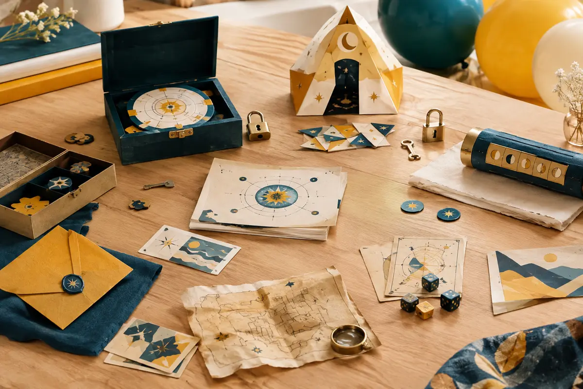 Jeu d’escape game magique avec cartes, codes, petits cadenas et accessoires sur une table en bois clair.