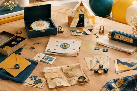 Jeu d’escape game magique avec cartes, codes, petits cadenas et accessoires sur une table en bois clair.