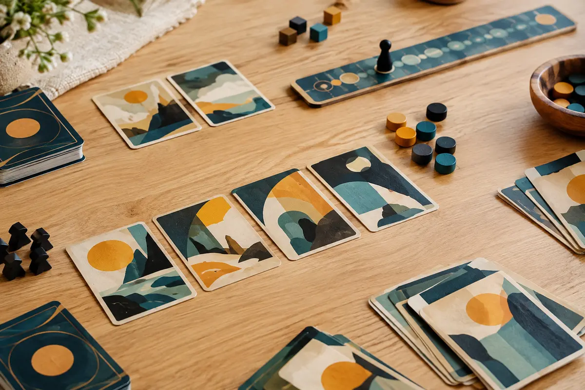 Cartes de deckbuilding et pions disposés sur une table en bois clair pour un duel stratégique à deux