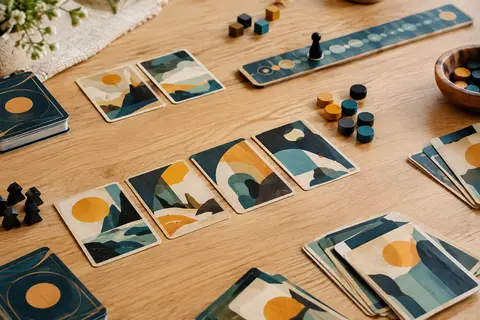 Cartes de deckbuilding et pions disposés sur une table en bois clair pour un duel stratégique à deux