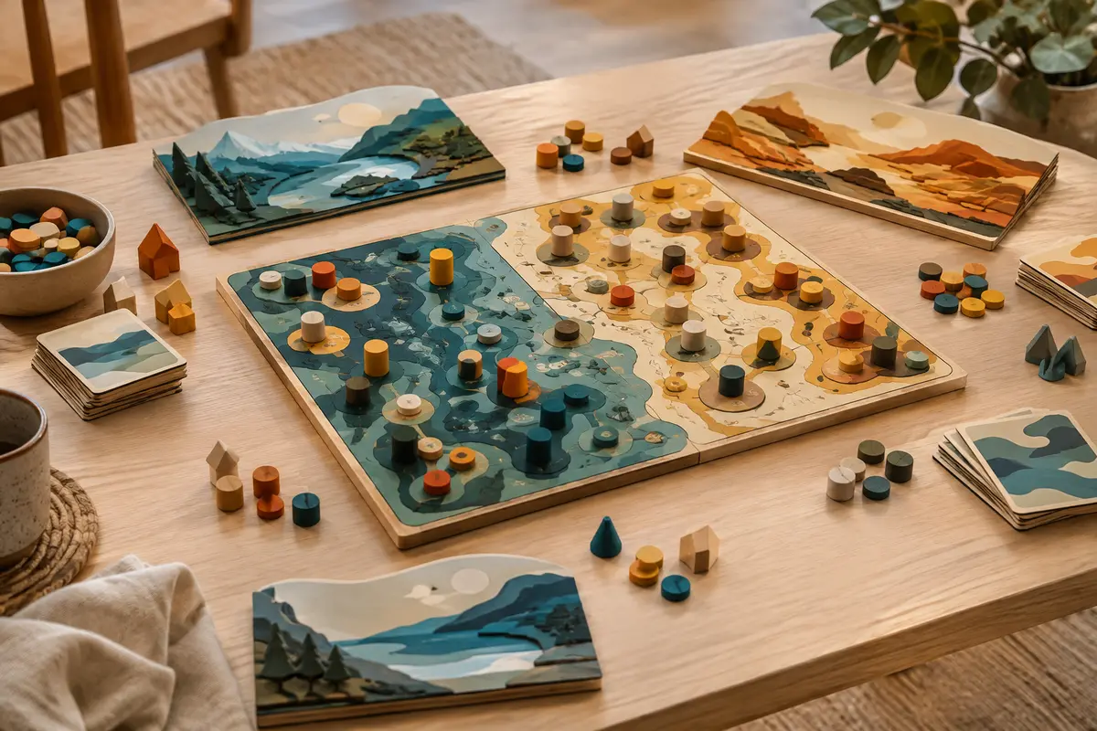 Plateau de stratégie abstrait avec tableaux de paysages et pièces en bois multicolores sur une table claire