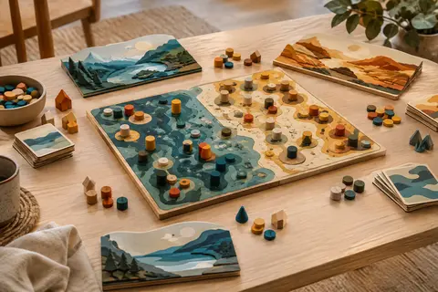 Plateau de stratégie abstrait avec tableaux de paysages et pièces en bois multicolores sur une table claire