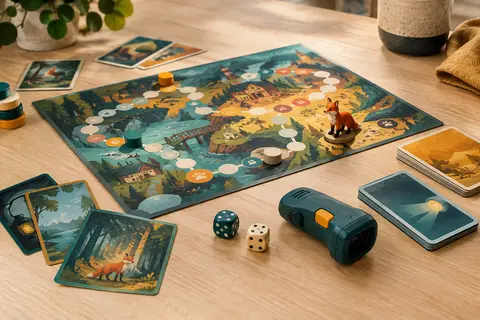 Jeu d’enquête coopératif avec plateau coloré, figurine de renard, cartes, dés et scanner sur une table en bois clair