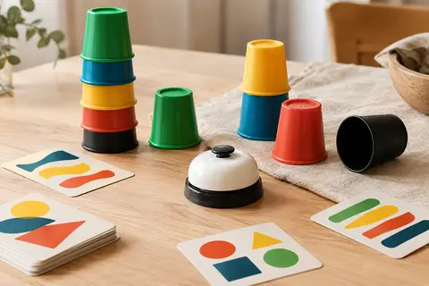 Gobelets colorés, cartes à motifs et sonnette de Crazy Cups disposés sur une table en bois clair.