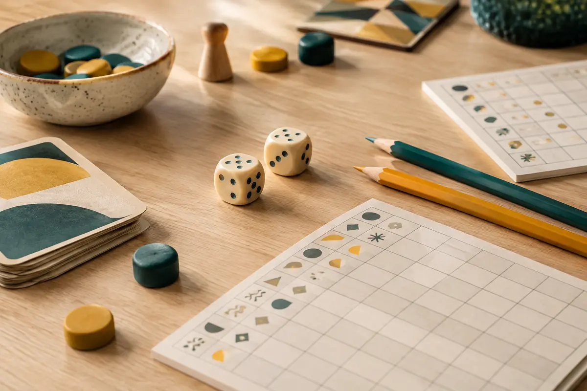 Deux dés, des crayons et une grille de score pour un jeu compact, disposés sur une table en bois clair.