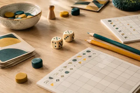 Deux dés, des crayons et une grille de score pour un jeu compact, disposés sur une table en bois clair.