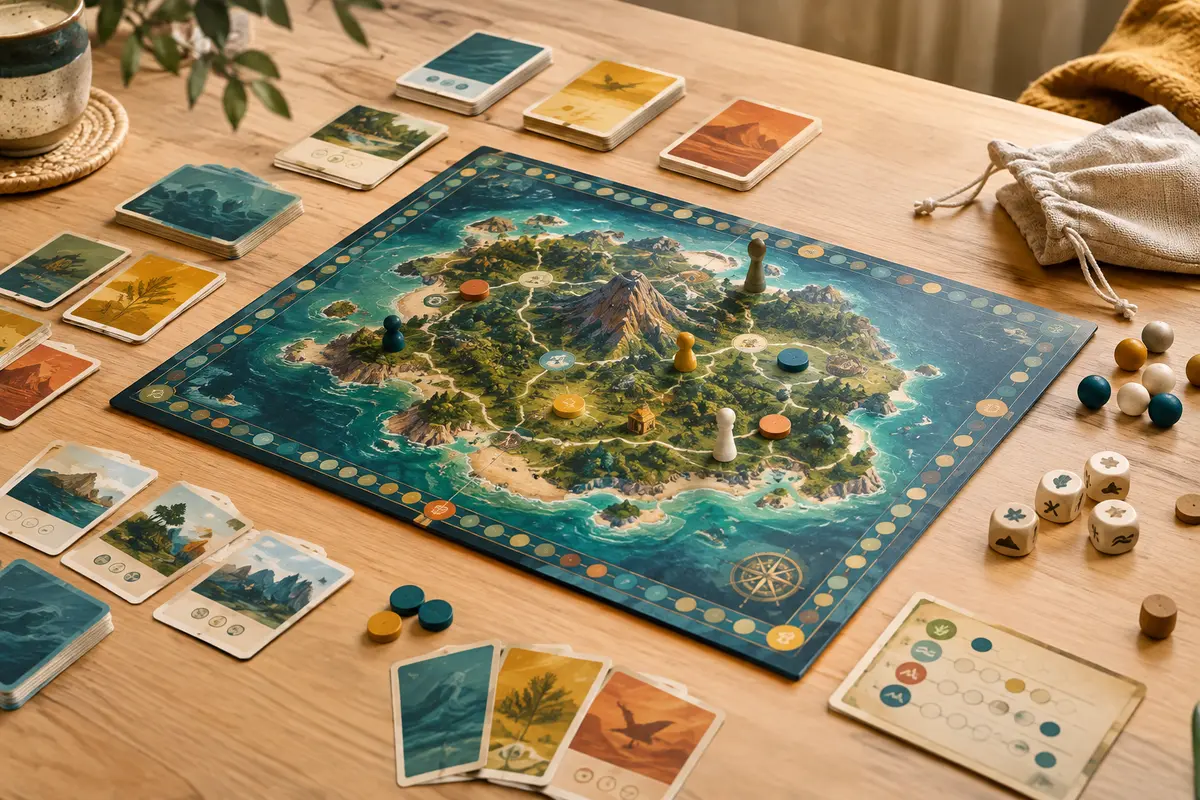 Plateau, cartes et éléments en bois d’un jeu de survie disposés sur une table en bois clair.