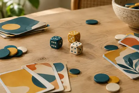 Jeu de dés avec cartes multicolores et jetons disposés sur une table en bois clair
