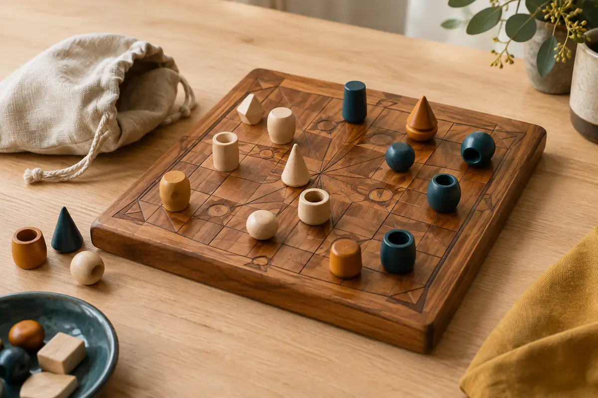 Plateau de stratégie en bois avec des pièces en hêtre aux formes variées et un sac de rangement.